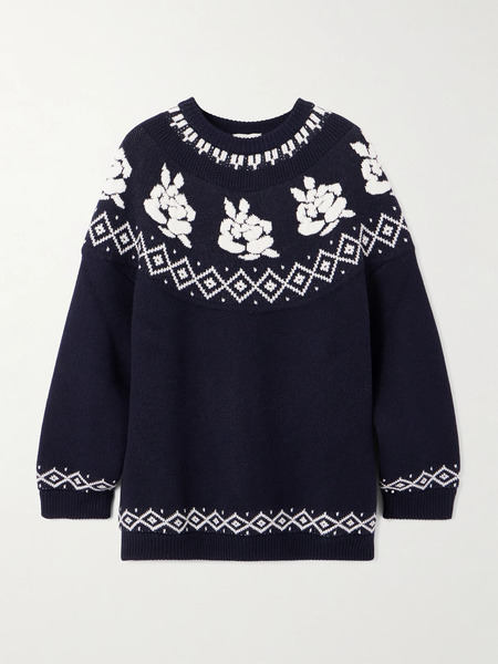  Magda Butrym   Intarsia Knit Wool Sweater   Navy 