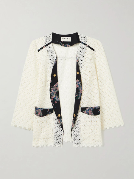  Maison Mayle   Caribbea Floral Print Silk Crepe Trimmed Crocheted Lace Jacket   Multi 