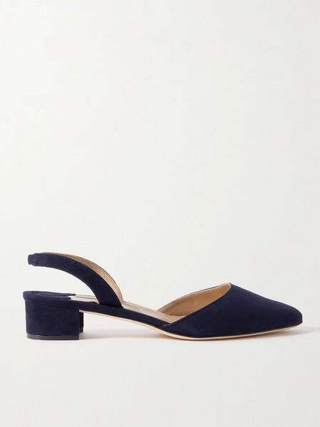  Manolo Blahnik   Aspro 30 Suede Slingback Point Toe Pumps   Navy 