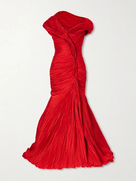  Marmar Halim   One Shoulder Plissé Chiffon Gown   Red 