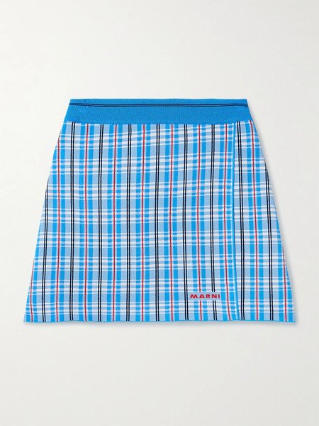  Marni   Wrap Effect Checked Stretch Knit Mini Skirt   Blue 