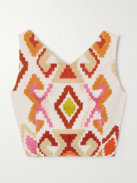  Marta Ferri   Santorini Cropped Embroidered Linen Blend Top   Multi 