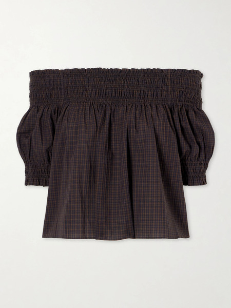  Matteau   Shirred Off The Shoulder Checked Cotton Blouse   Brown 