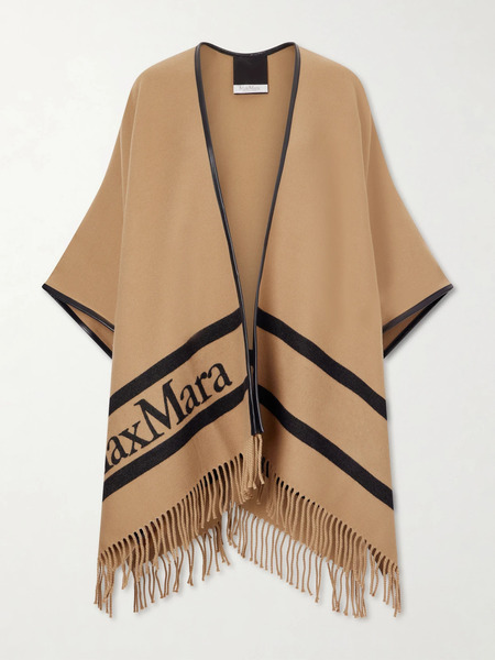  Max Mara   Fringed Leather Trimmed Wool Jacquard Cape   Camel 