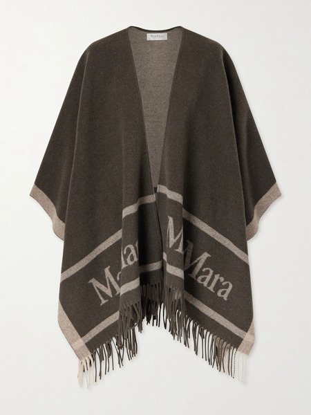  Max Mara   Fringed Wool Jacquard Cape   Army Green 