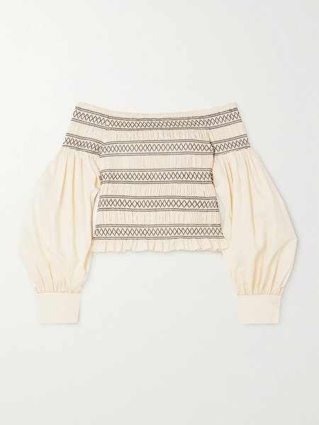  Max Mara   Walk Off The Shoulder Smocked Cotton Top   Ivory 