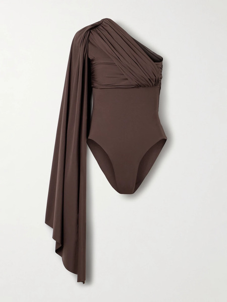  Maygel Coronel   Burano One Shoulder Cape Effect Gathered Draped Stretch Jersey Bodysuit   Chocolate 