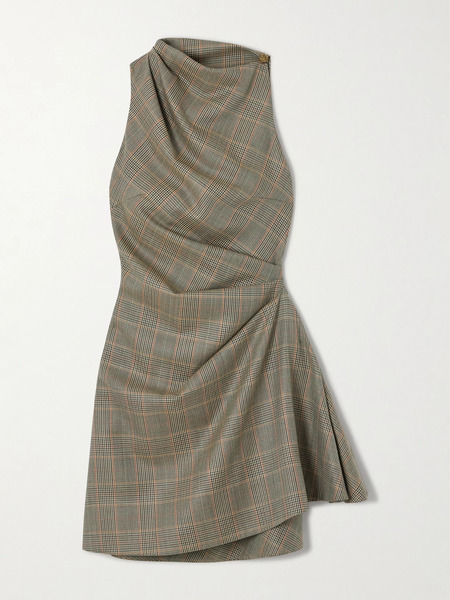  Mcqueen   Draped Checked Wool Mini Dress   Multi 