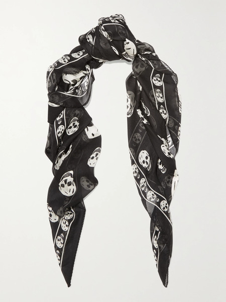  Mcqueen   Printed Silk Chiffon Scarf   Black 