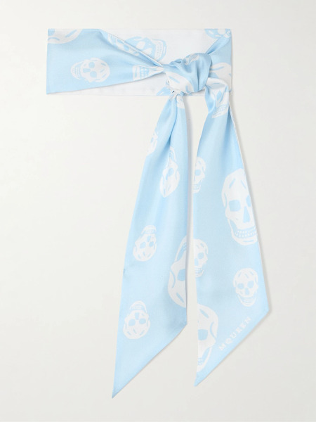  Mcqueen   Printed Silk Twill Scarf   Light Blue 