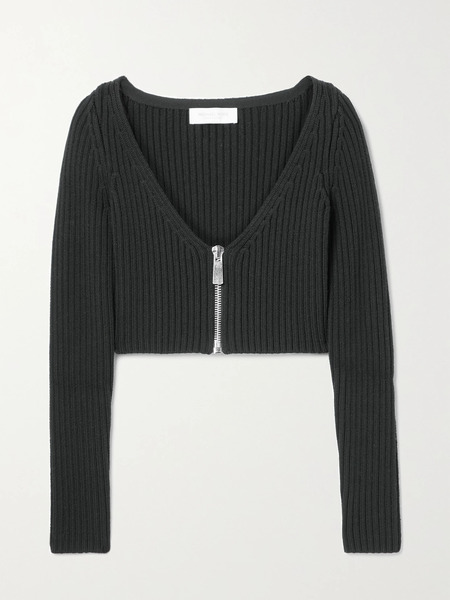  Michael Kors Collection   Cropped Ribbed Wool Blend Cardigan   Black 