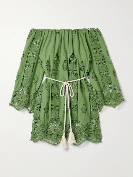 Miguelina   Brigette Off The Shoulder Belted Lace Trimmed Embroidered Cotton Voile Mini Dress   Green 