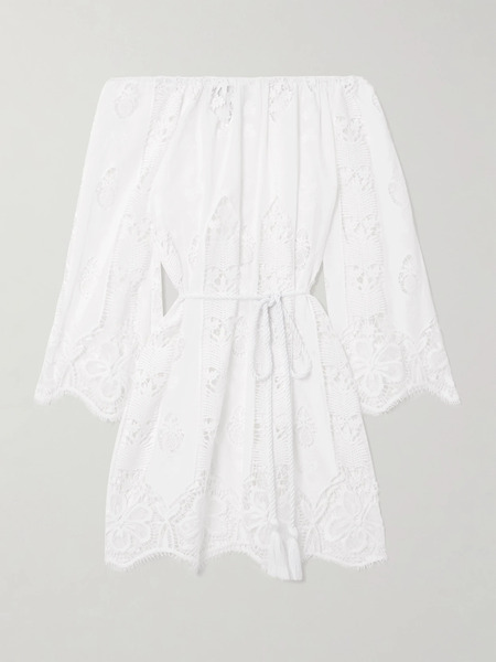  Miguelina   Brigette Off The Shoulder Belted Lace Trimmed Embroidered Cotton Voile Mini Dress   White 
