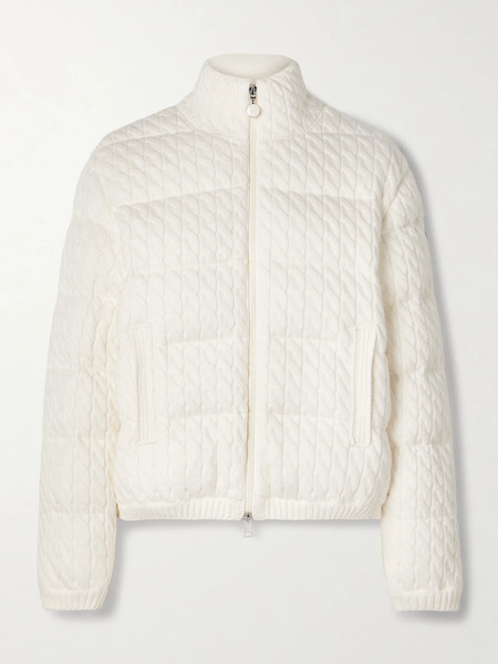  Moncler   Quilted Padded Cable Knit Cotton Blend Down Jacket   Ivory 