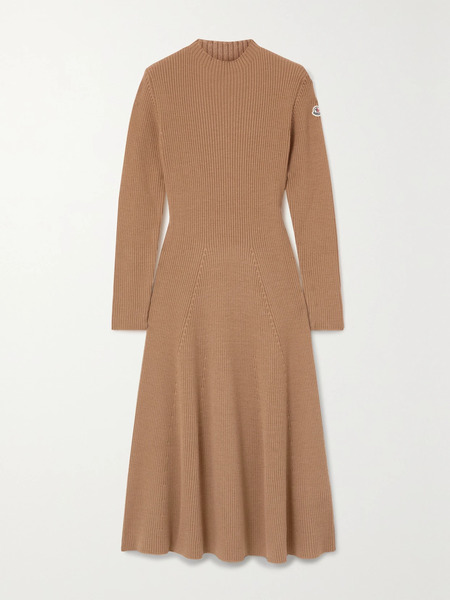  Moncler   Ribbed Wool Blend Midi Dress   Camel 