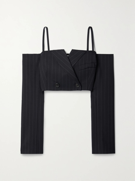  Monse   Cropped Cold Shoulder Pinstriped Wool Blend Twill Jacket   Midnight Blue 