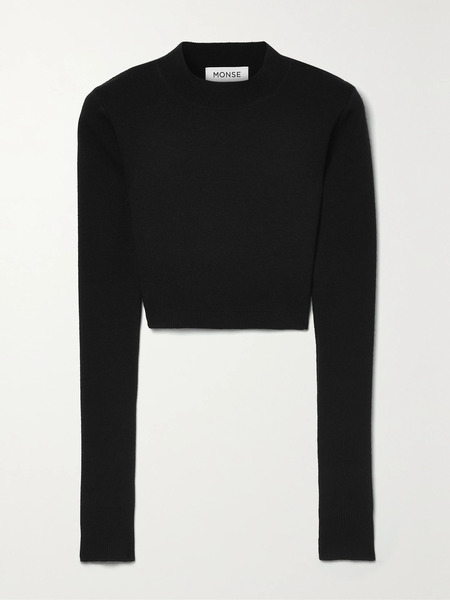  Monse   Cropped Open Back Leather Trimmed Merino Wool Blend Top   Black 