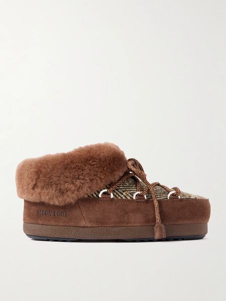  Moon Boot   + Guest In Residence Evx Chalet Plush And Suede Trimmed Knitted Platform Slip Ons   Brown 