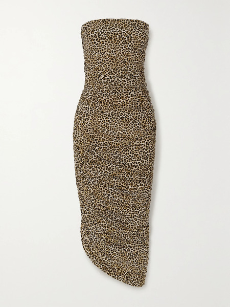  Norma Kamali   Diana Strapless Ruched Asymmetric Leopard Print Stretch Jersey Midi Dress   Leopard Print 