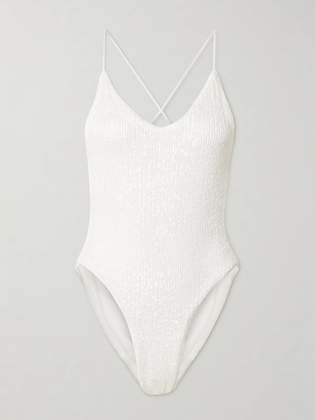  Norma Kamali   Open Back Sequined Swimsuit   White 