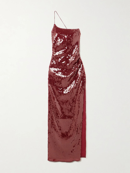  Oséree   One Shoulder Sequined Stretch Mesh Maxi Dress   Burgundy 