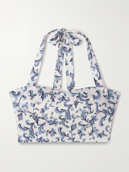  Posse   Rue Cropped Pleated Printed Linen And Silk Blend Halterneck Top   Blue 
