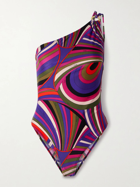  Pucci   One Shoulder Embellished Printed Swimsuit   Pink 