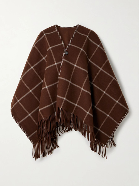  Purdey   Welbeck Fringed Whipstitched Trimmed Checked Wool And Cashmere Blend Cape   Dark Brown 