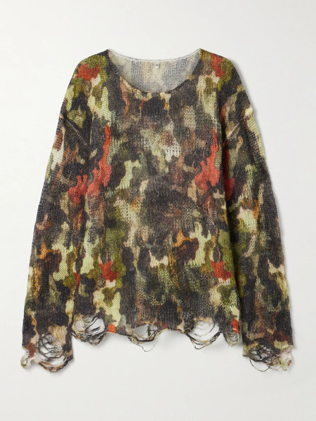  R13   Boyfriend Distressed Camouflage Print Open Knit Sweater   Green 