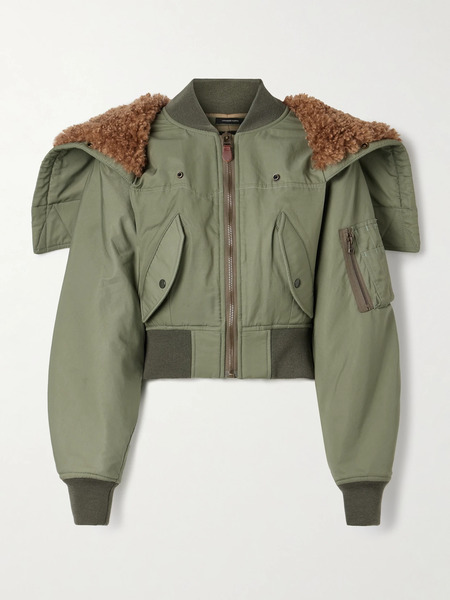  R13   Cropped Fleece Trimmed Padded Cotton Blend Shell Bomber Jacket   Sage Green 