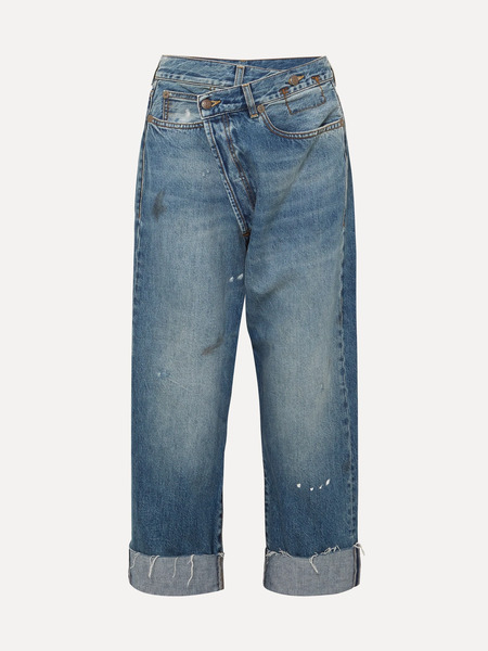  R13   Crossover Asymmetric Distressed High Rise Wide Leg Jeans   Mid Denim 