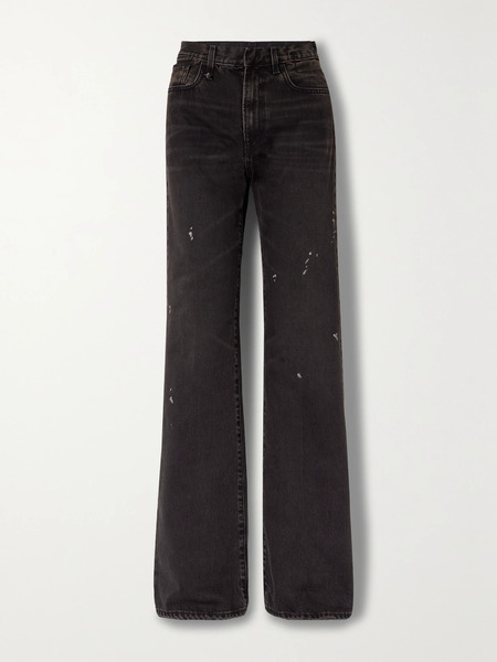  R13   Jane Distressed Paint Splattered High Rise Flared Jeans   Black 