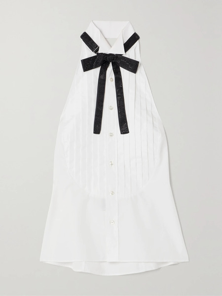  Ralph Lauren Collection   Sorrento Embellished Bow Detailed Pleated Cotton Poplin Halterneck Top   White 