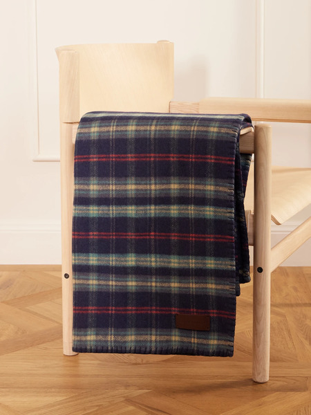  Ralph Lauren Home   Georgia Leather Trimmed Whipstitched Checked Wool And Cashmere Blend Blanket   Navy 