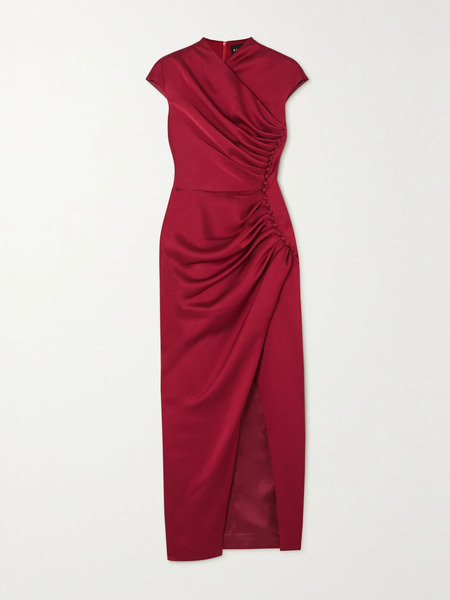  Rasario   Button Embellished Draped Satin Midi Dress   Burgundy 