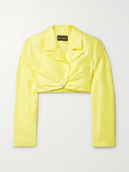  Rasario   Cropped Crystal Embellished Linen Blend Blazer   Yellow 