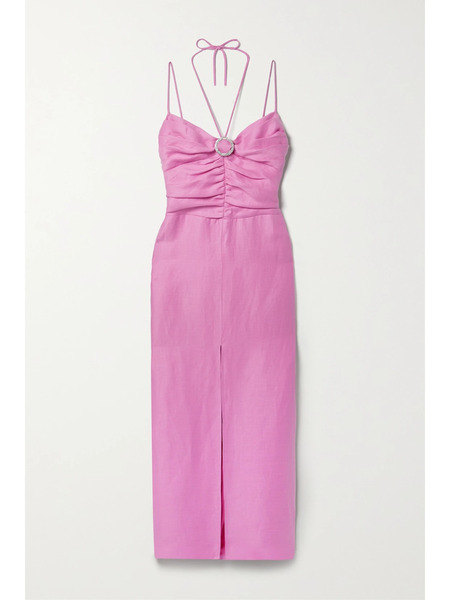  Rasario   Crystal Embellished Linen Blend Midi Dress   Pink 