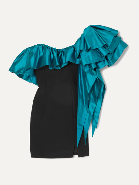  Rasario   One Shoulder Ruffled Shantung And Crepe Mini Dress   Turquoise 