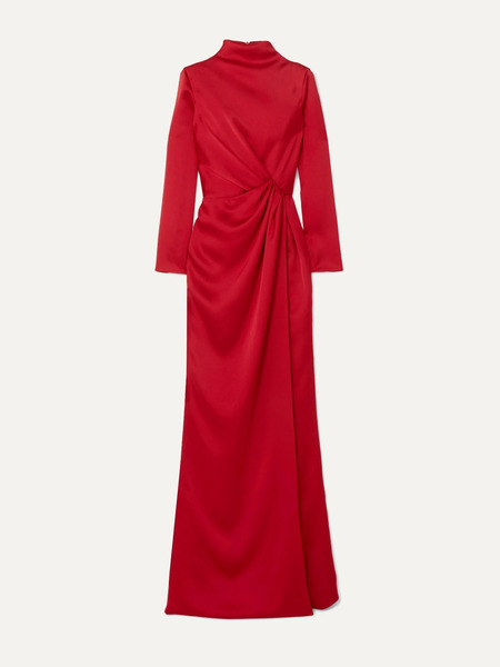  Rasario   Wrap Effect Draped Satin Gown   Red 