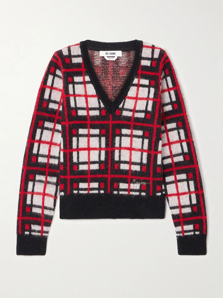  Re/done   Embroidered Checked Jacquard Knit Sweater   X Small 