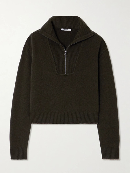  Re/done   Frayed Wool And Cashmere Blend Half Zip Sweater   Army Green 