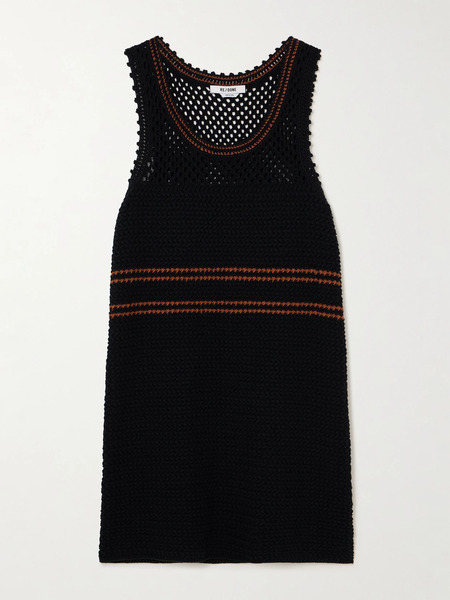  Re/done   Striped Crocheted Cotton Mini Dress   Black 