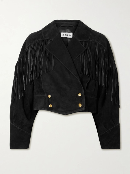  Rixo   Darragh Fringed Double Breasted Suede Jacket   Black 