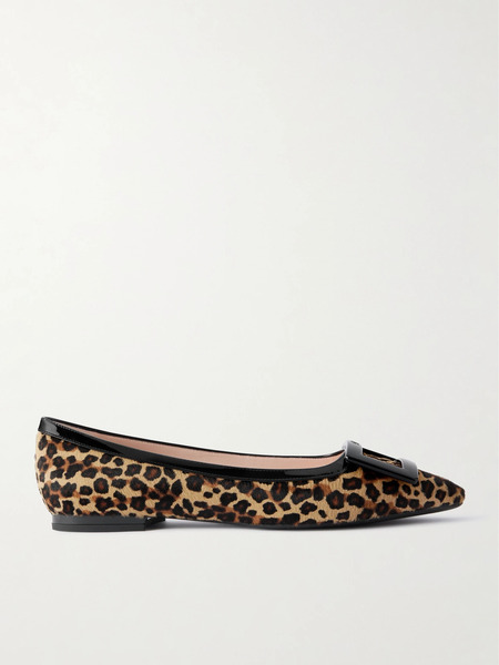 Roger Vivier   Gommettine Buckled Patent Leather Trimmed Leopard Print Calf Hair Ballet Flats   Leopard Print 