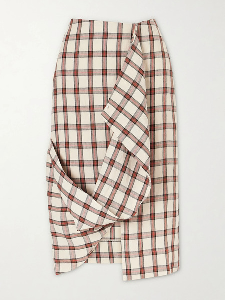  Róhe   Draped Checked Linen Midi Skirt   Brown 