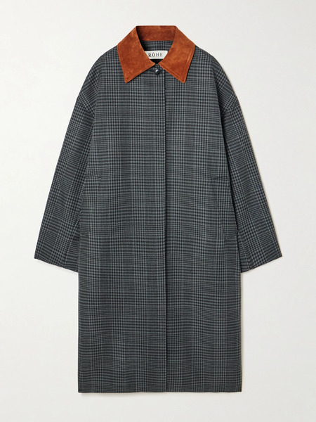  Róhe   Suede Trimmed Checked Wool Coat   Gray 