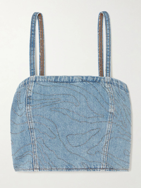 Rotate Birger Christensen   Cropped Sequined Denim Top   Light Denim 