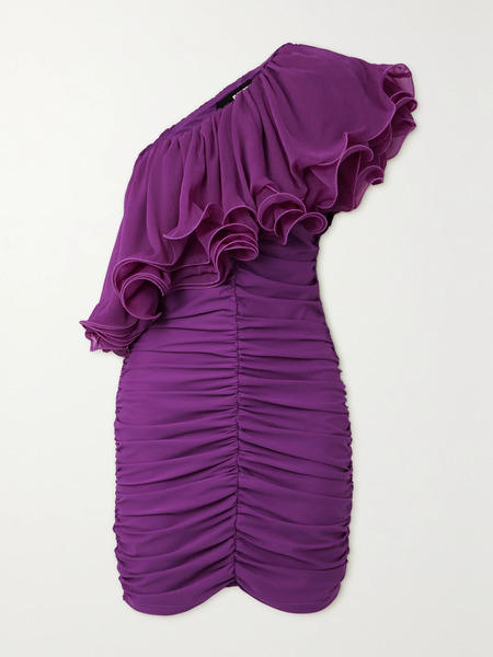  Rotate Birger Christensen   + Net Sustain One Shoulder Ruffled Ruched Recycled Chiffon Mini Dress   Magenta 