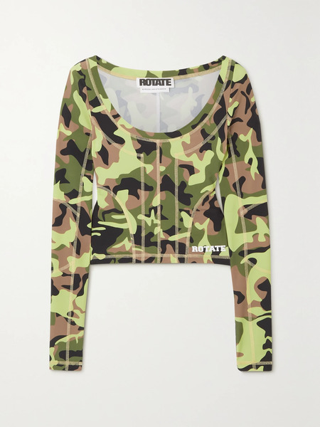  Rotate Birger Christensen   Tamisha Cropped Camouflage Print Recycled Stretch Jersey Top   Army Green 