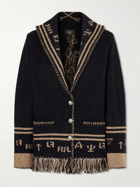  Rrl   Jane Fringed Wool And Silk Blend Intarsia Cardigan   Black 